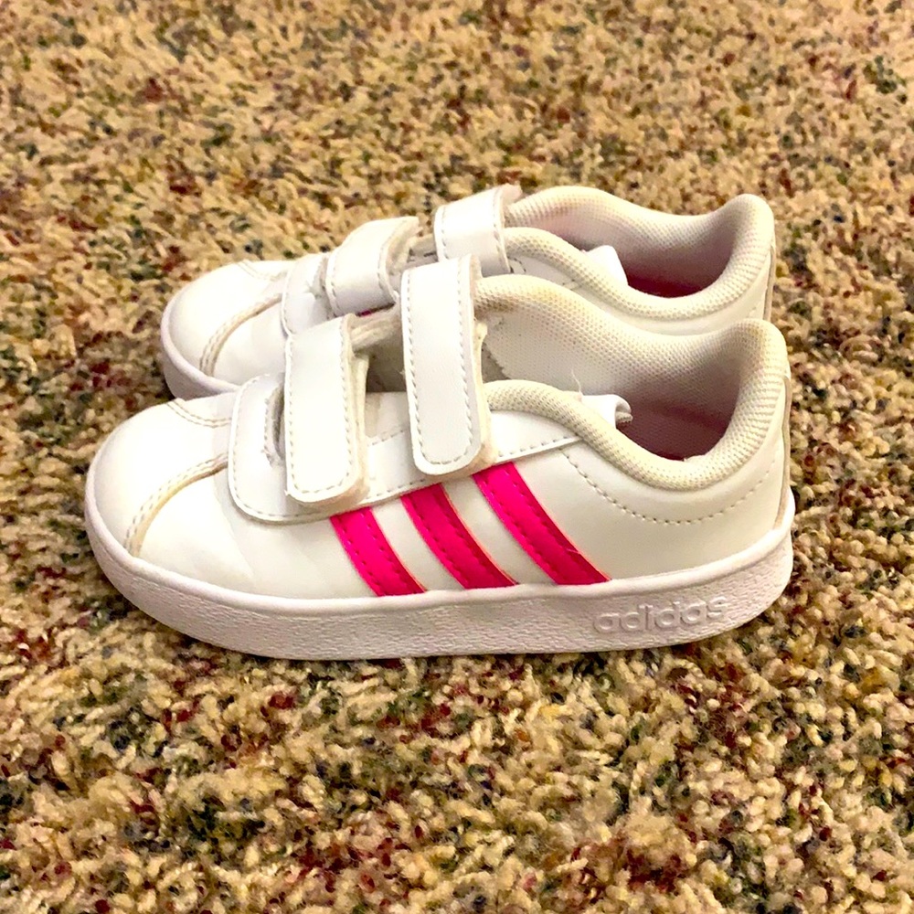 Adidas girls Velcro white sneakers w/ pink stripes